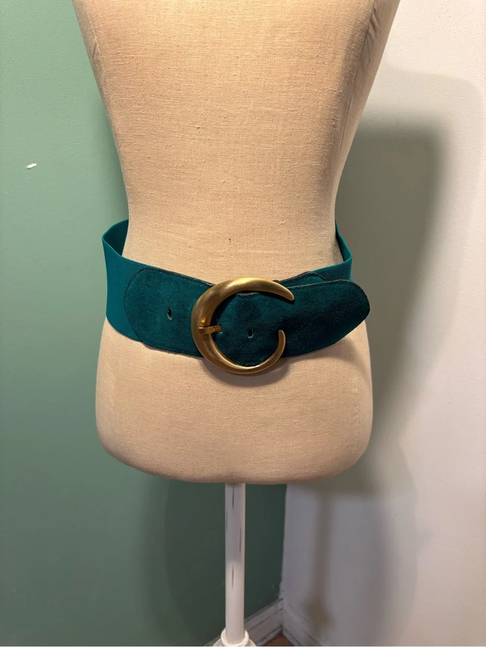 Vintage 1980’s Wide Teal Suede and Elastic Waist Belt with Gold Crescent Buckle